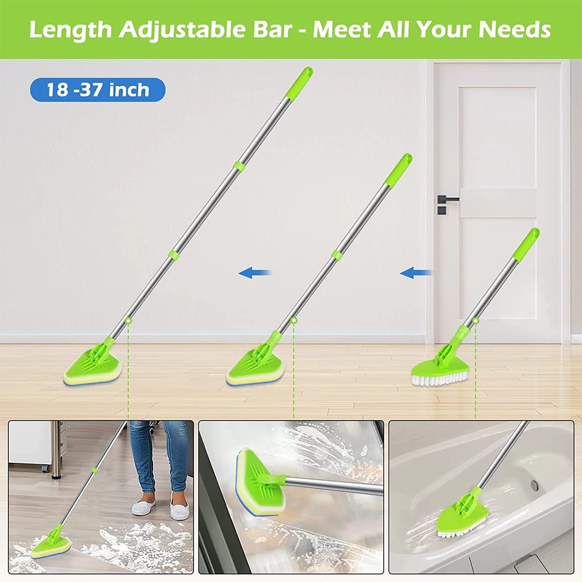 Scrub Cleaning Brush 3in1 Shower Cleaning Brush Tub Tile Scrubber Brush Extendable 180° Rotatable Bathroom Triangle Cleaning Mop