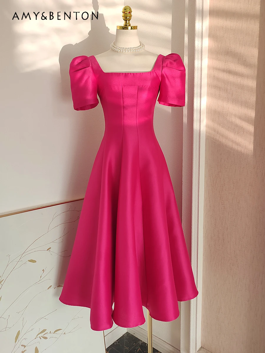 

French Hepburn Style Temperament Pure Color Pleated Slim Dress for Women Elegant Large Swing Square Collar Midi Dresses Summer