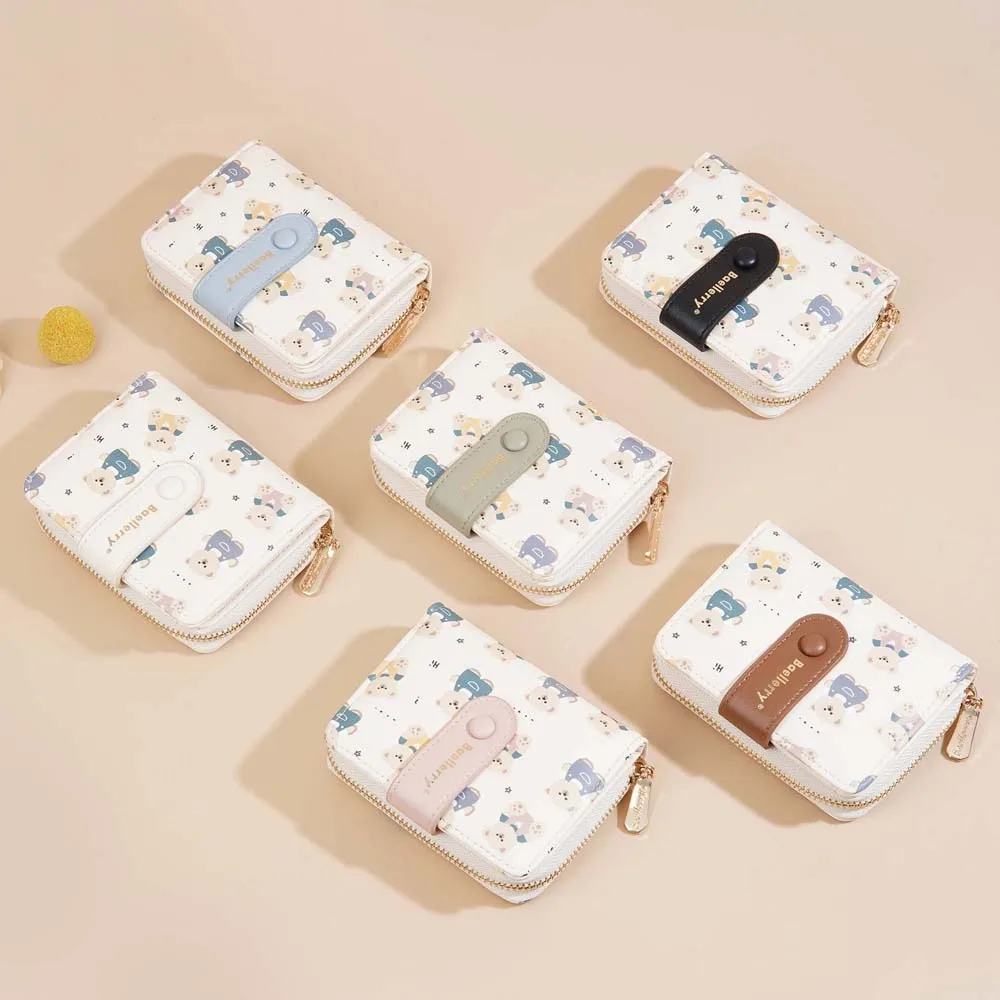 

Portable Cartoon Bear Wallet Patterned Snap Button Women Card Bag Candy Color Anti-Splash Water Lady Short PU Purses Student