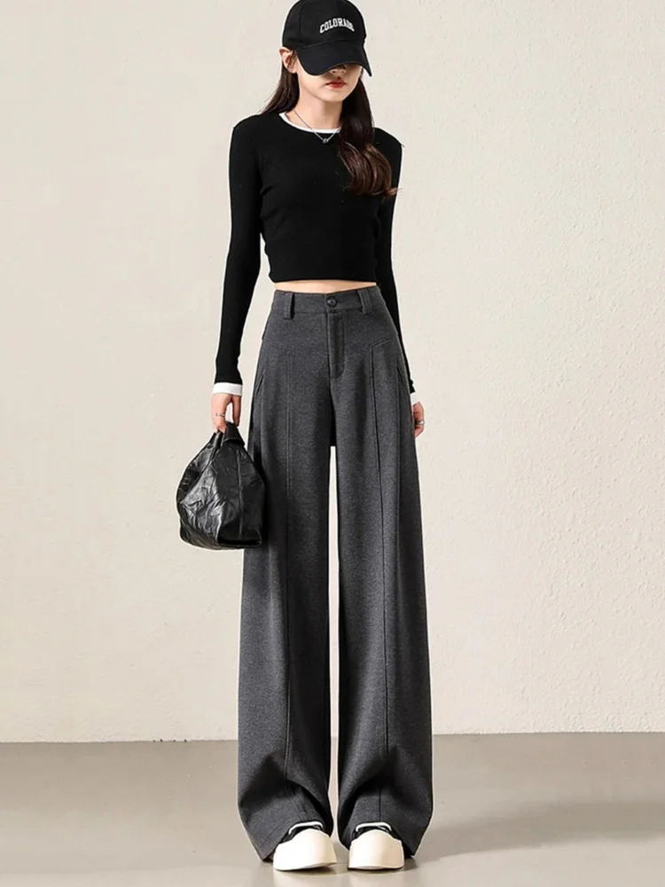 Wełniane spodnie z szerokimi nogawkami damskie, ocieplane, jesienno-zimowe, proste spodnie do pracy, wysoki stan, zamek błyskawiczny, jednolity kolor.