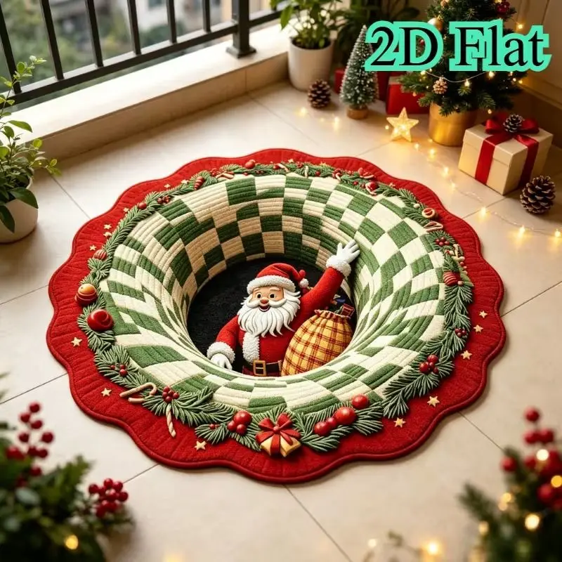 Santa Claus 3D Optical Illusion Rug, Non-Slip Soft Plush Carpet, Round Bedroom Bedside Mat, Creative Home Decor Gift