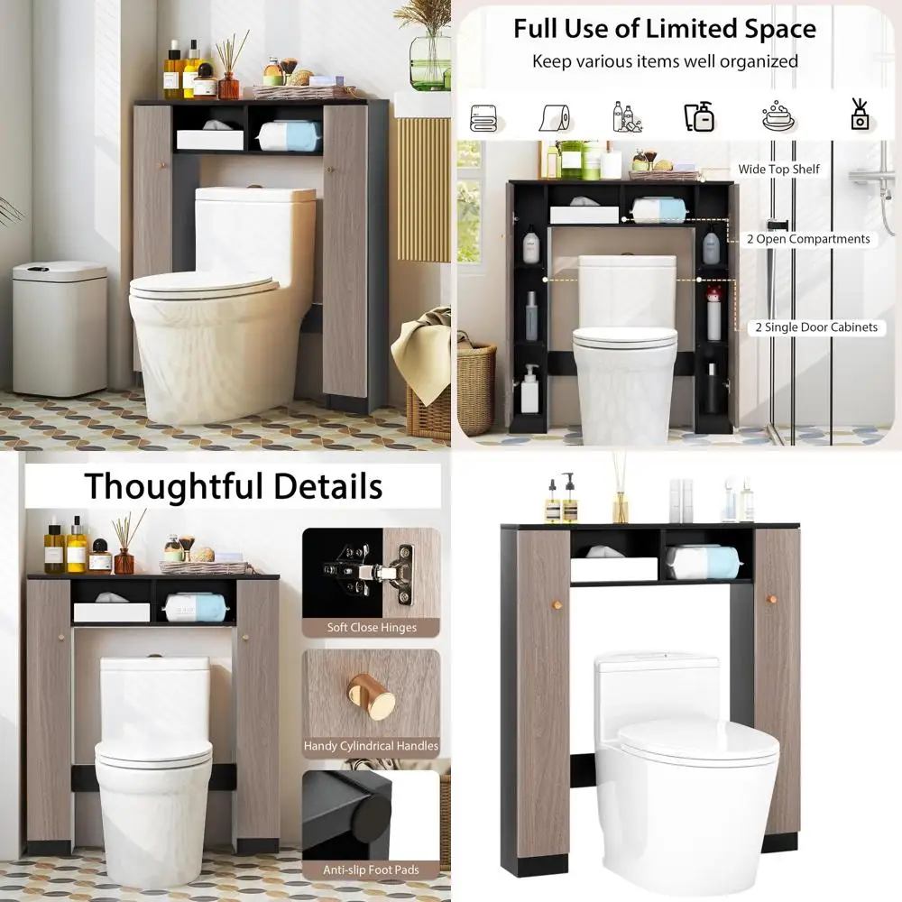 Space-Saving Toilet Storage Cabinet with 2 Open Shelves and 4 Adjustable Shelves, Black and Oak Finish