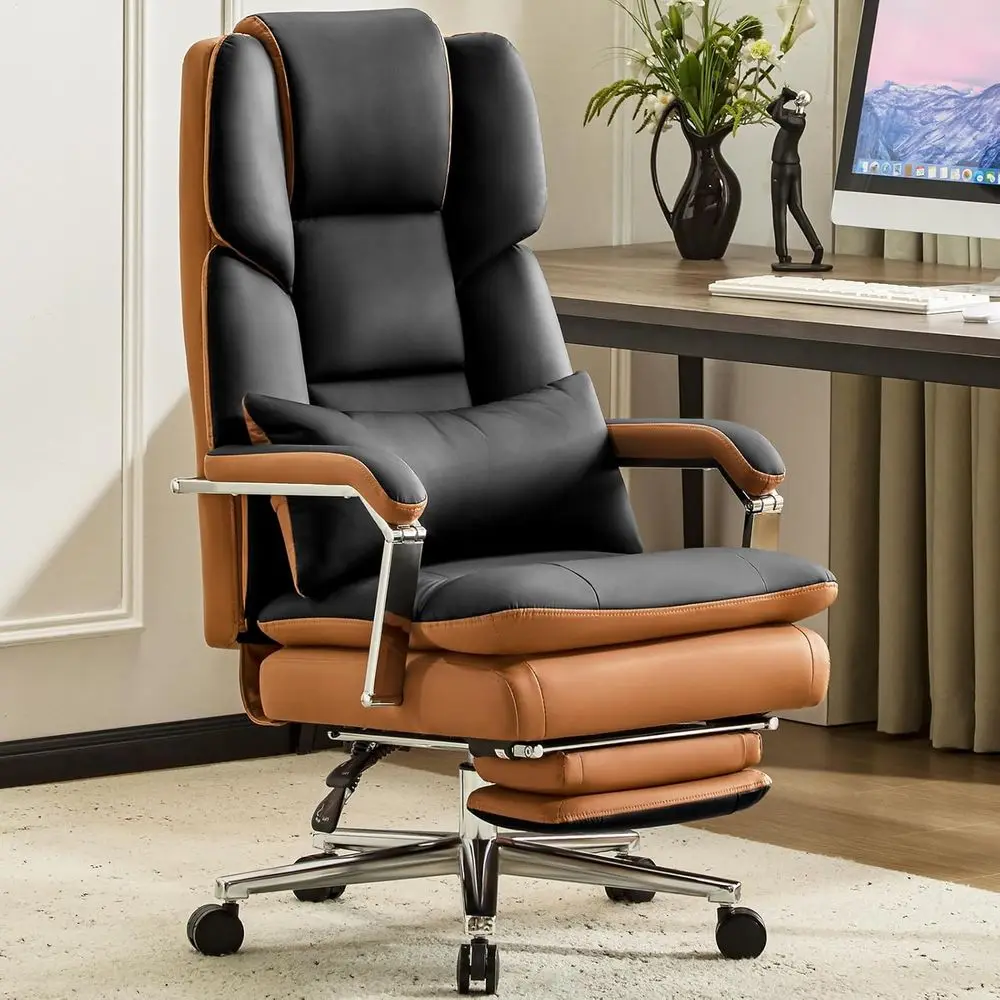 500lb Capacity High-Back Leather Office Chair with Footrest, Wide Seat and Lumbar Support