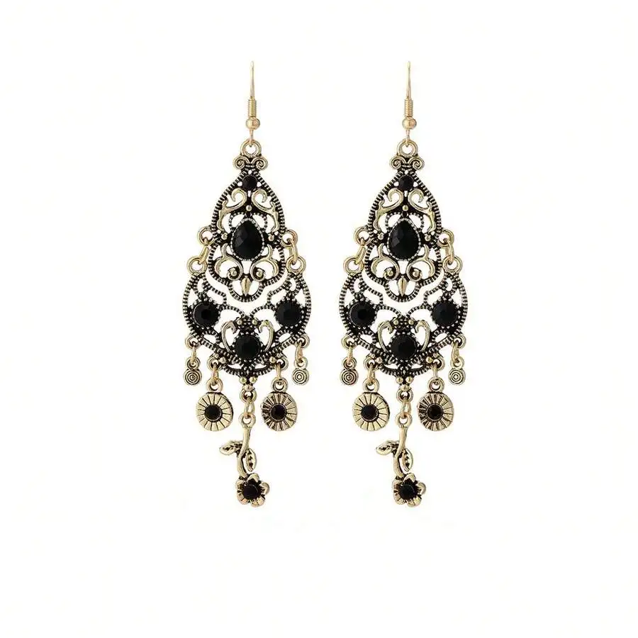 

Vintage-Inspired Filigree Drop Earrings With Black Gemstones And Floral Charms For Women