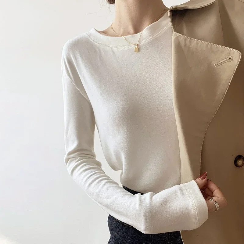 

Thick Full Sleeve Cotton Tee Shirt Women Slim Fit Autumn Winter Bottoming Pullovers Shirt Female Casual Basic Tops Goth