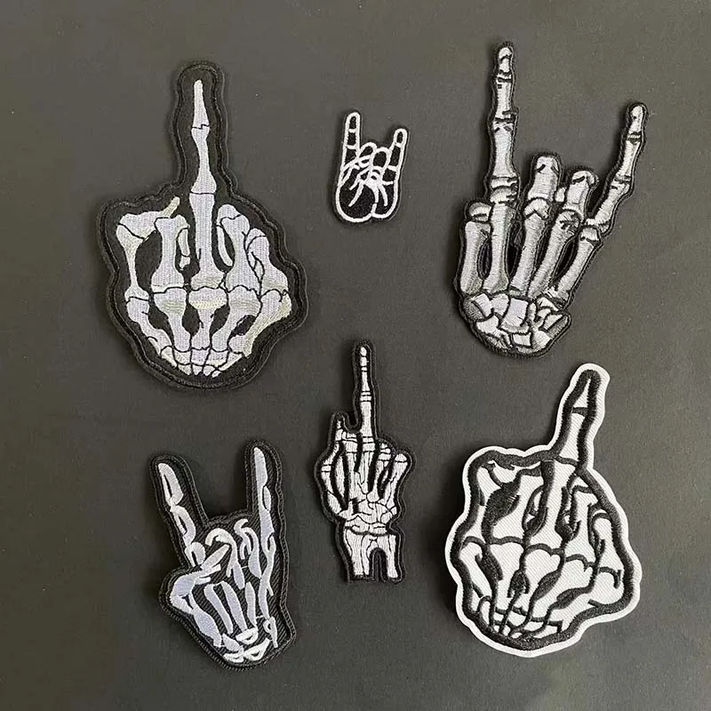 12 Stück/Schwarze Stoff-Applikationen Punk-Patches Thermoklebende Totenkopf-Geisterfinger-Stickereien Aufbügelbare Aufkleber für Kleidung, Jacken – Detail 2