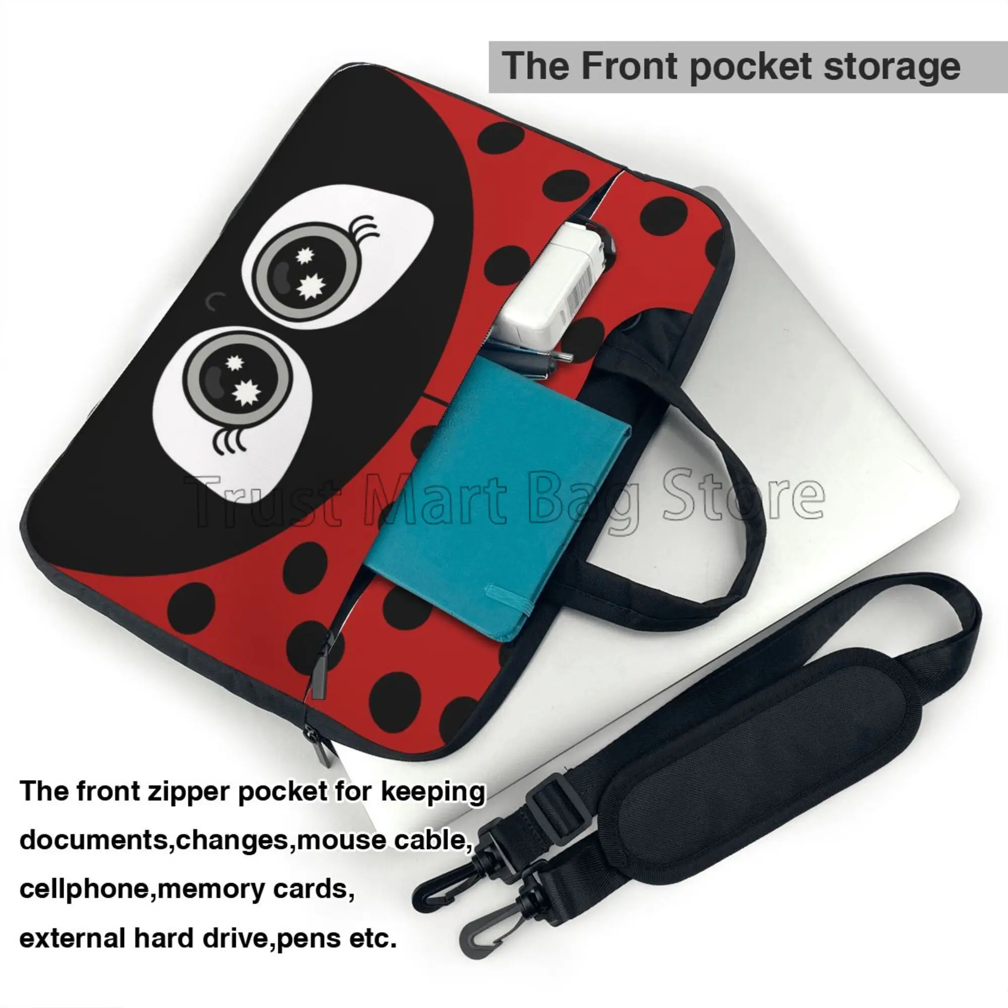 Cute Cartoon Ladybug Pattern Laptop Shoulder Bag Carrying Case Computer PC Cover Pouch with Handle Fits 13/14/15.6 Inch Notebook