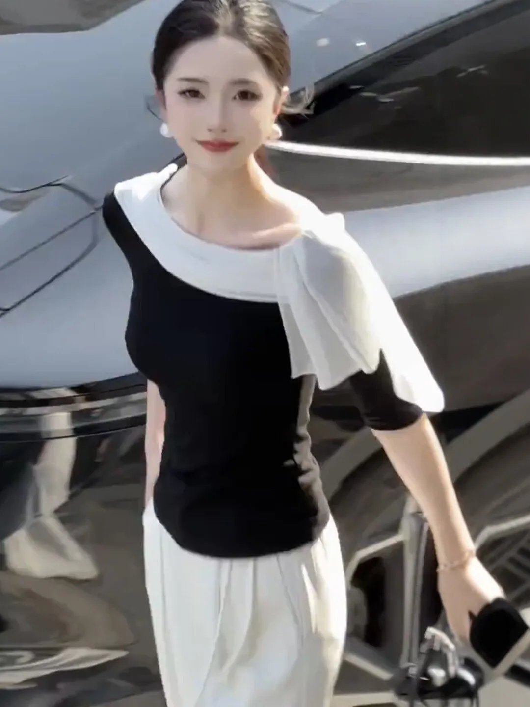 Korean Style Color Block Sash off Shoulder T-Shirt Women's Elegant Summer Fashion Unique Beautiful Top Polyester Fiber Printed