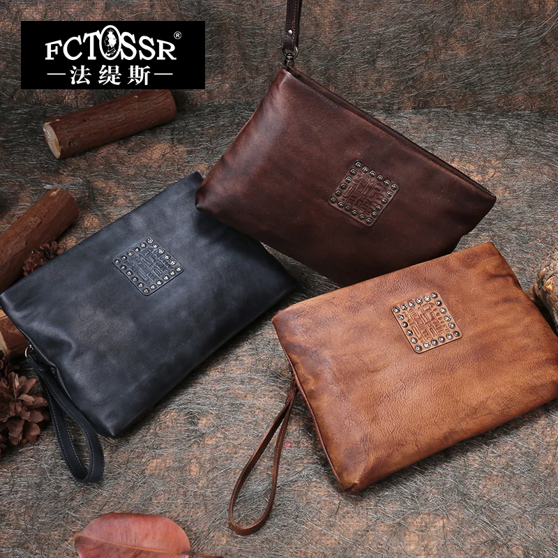 Big Clutch Bag Hand Bag Zipper Casual Envelope Bag New Retro Handmade Genuine Leather First Layer Leather Female Vintage Soft