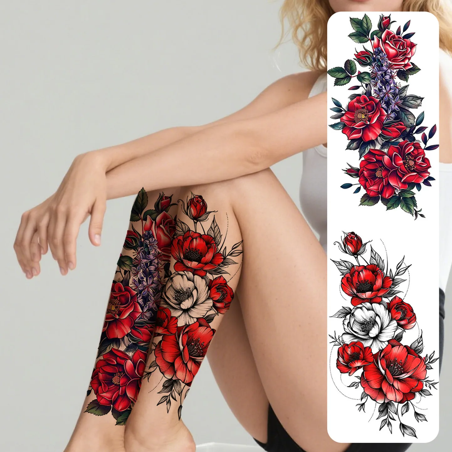 

2 шт., временные татуировки с красными и белыми цветами для женщин, водонепроницаемые и долговечные поддельные татуировки для рук, ног и груди
