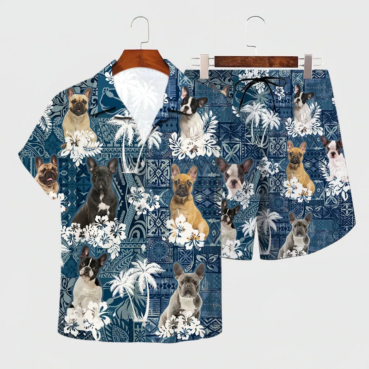 

French Bulldog Hawaiian Set 3D All Over Printed Hawaii Shirt + Beach Shorts Men For Women Funny Dog Sunmmer Clothes