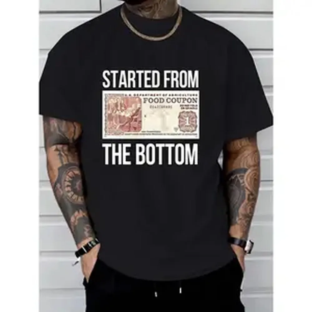 Camiseta clásica de manga corta con cuello redondo (cuello redondo) para hombre, 100% algodón, color negro, con estampado gráfico 'Started From The Bottom', suave, transpirable, de corte regular, informal, para golf y uso diario, lavable a máquina, para todas las estaciones, ideal para regalo.