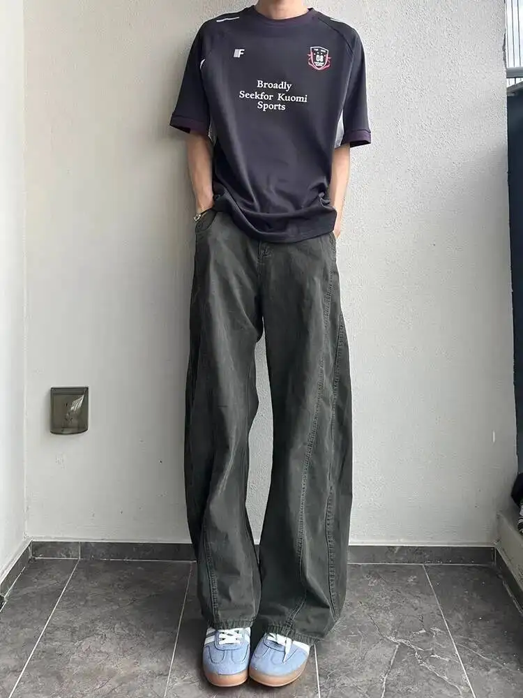 

High Waist Wide Leg Pants Men's Suit Pants 2026 Spring Jeans Military GreenCargo Pants Retro Style Cleanfit Denim Trousers