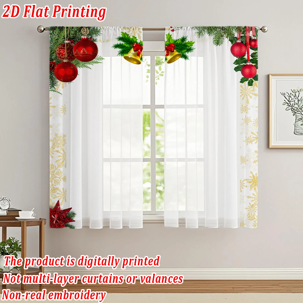 Christmas Flat Printing Kitchen Sheer Curtain with Merry Christmas Ball Bell Snowflake For Christmas Home Decor  Party