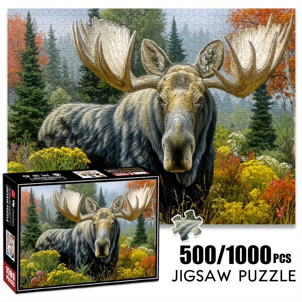 1000피스 성인용 직소 퍼즐, 27.56x19.69인치 대형 사이즈, 무스와 꽃밭이 있는 자연 숲. 종이 조각 그림 맞추기 퍼즐