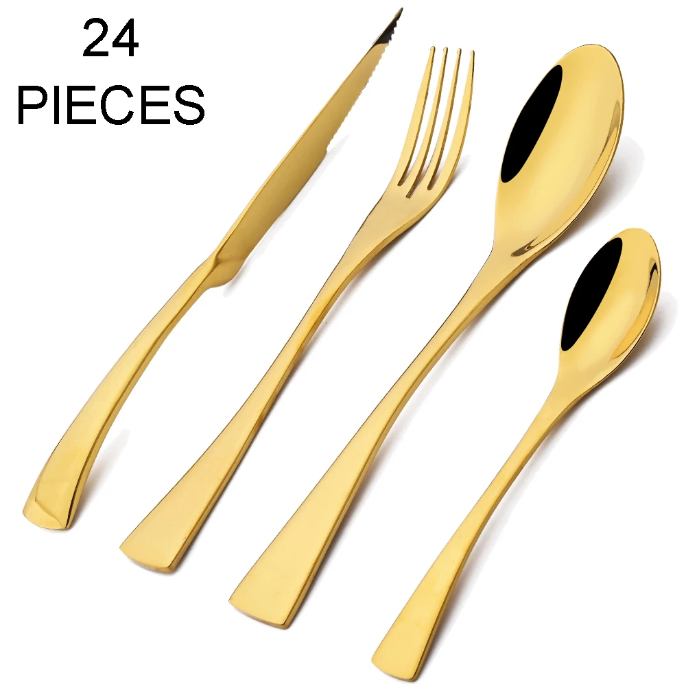 24pcs Shiny Gold Dinnerware Set Upscale 304 Stainless Steel Cutlery Set Steak Knife Fork Spoon Flatware Party Kitchen Tableware