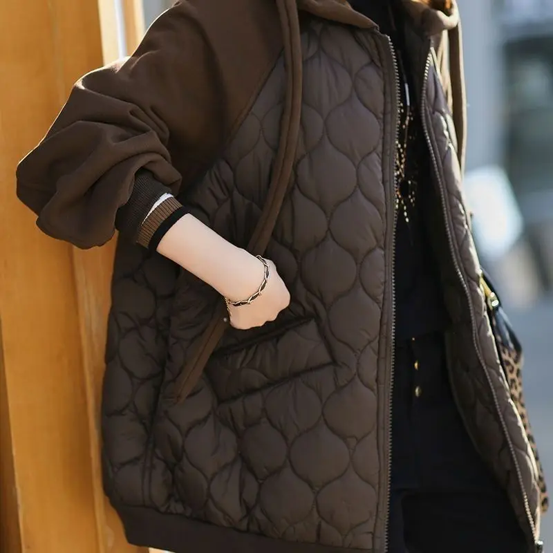 Large Size New Hooded Spliced Down Cotton Coat Thick Warm Puffer Jacket Female Korean Loose Cotton Padded Overcoat Quilted Parka
