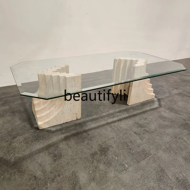 

11zNordic natural travertine coffee table rectangular creative wabi-sabi minimalist tempered glass living room tea table