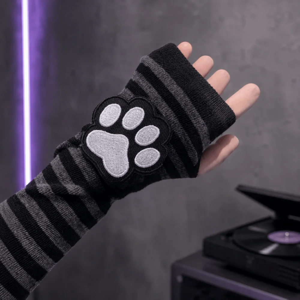 Fashion Striped Pattern Fingerless Gloves Black Long Tube Design Arm Cover Sun Protection Sleeves Gloves for Women