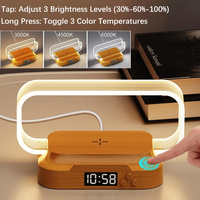 Infinite Touch Light with 15W Wireless Charging, Digital Clock, and Phone Holder - 3 Color Temperatures & Adjustable Brightness,