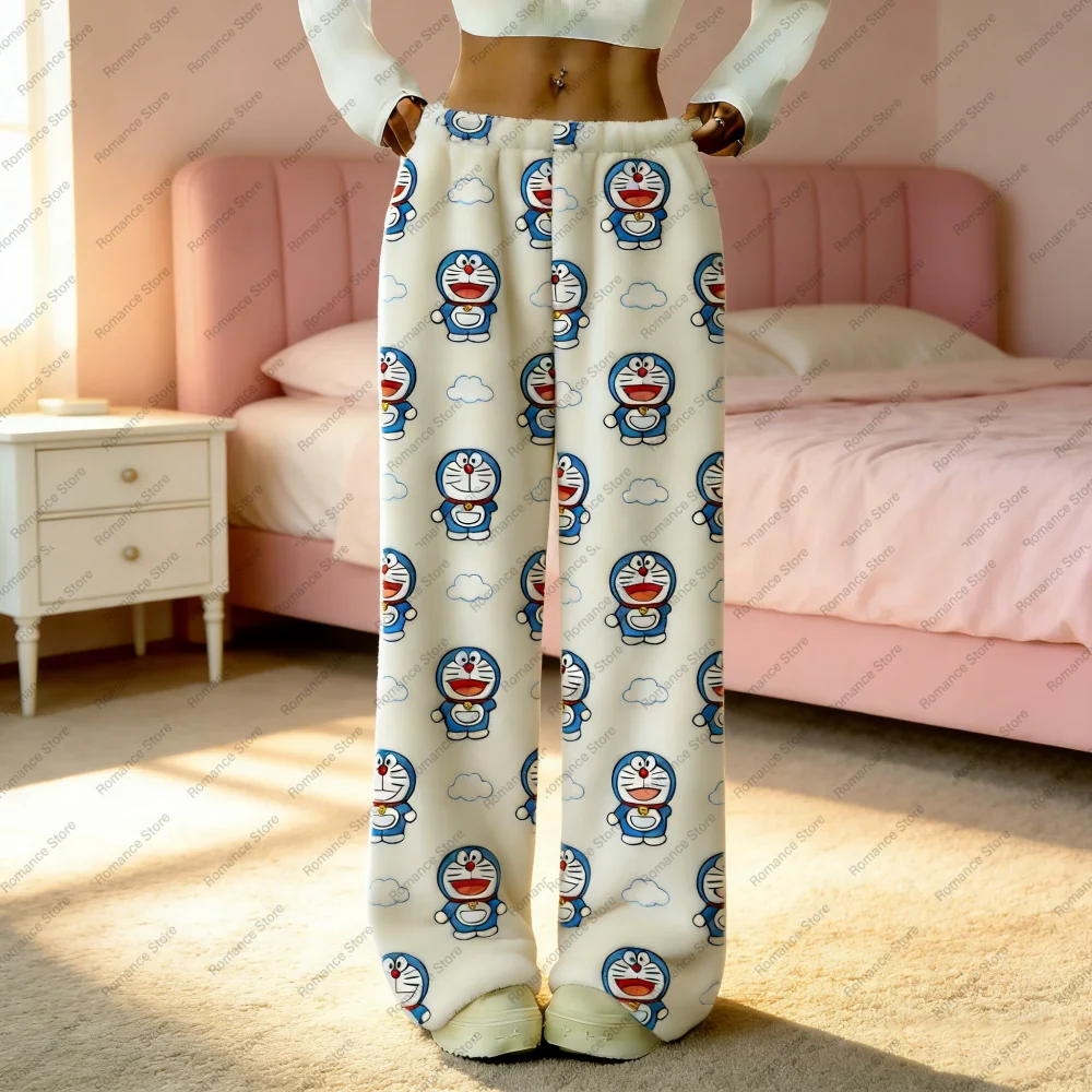 

2026 Doraemon Cute Fashion loose Flannel Women's pajama pants with cartoon Trousers for autumn winter 2026 Casual Trousers