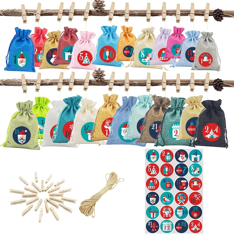 

24 Days Countdown Drawstring Bag Linen Christmas Advent Calendar DIY Christmas Decorations Jewelry Wrapping Christmas Gift Bags