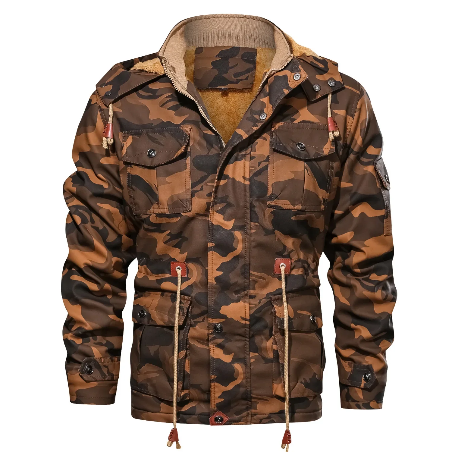 Men's Camouflage Leather Jacket with European and American Style European Size Plush and Thick Hood Medium Length Male Clothing