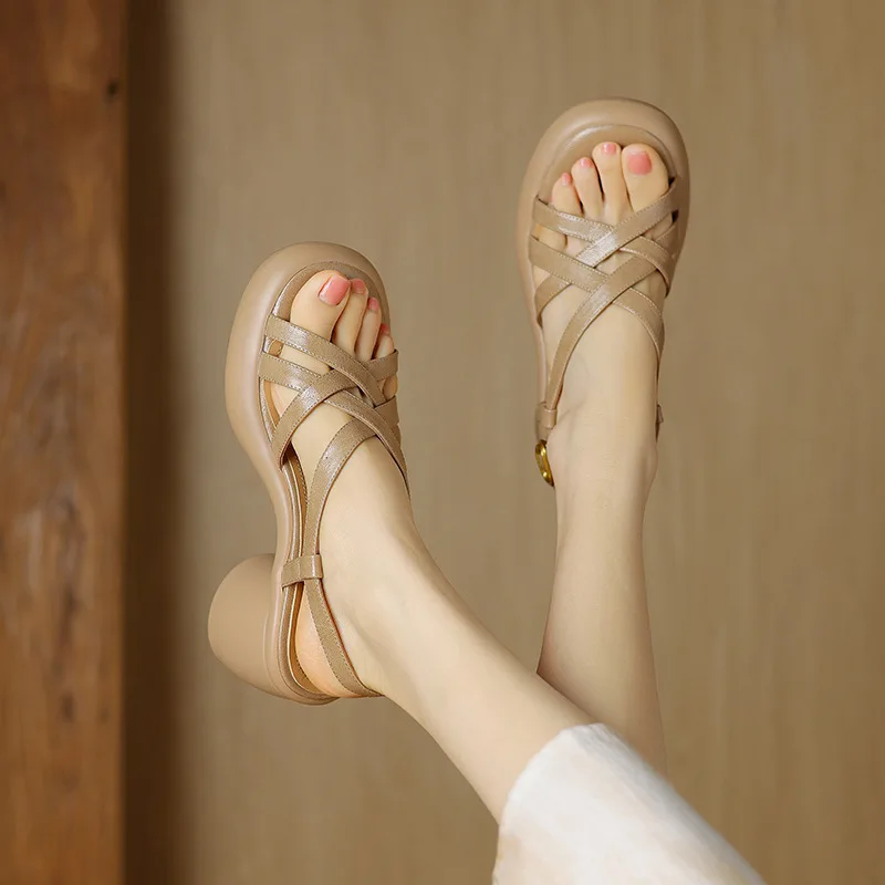 

New 2025 High Heels Women Genuine Leather Sandals Platforms Slingback Buckle Summer Shoes Woman Size 35-40 Platform Shoes