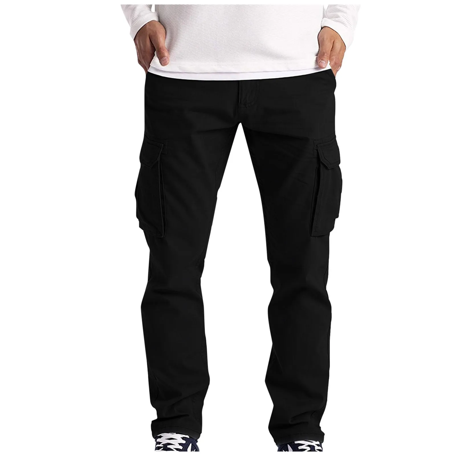 Men'S New Solid Color Cargo Pants Multi-Pocket Elastic Waist Long Casual Pants Men'S Loose Straight Leg All Match Pants