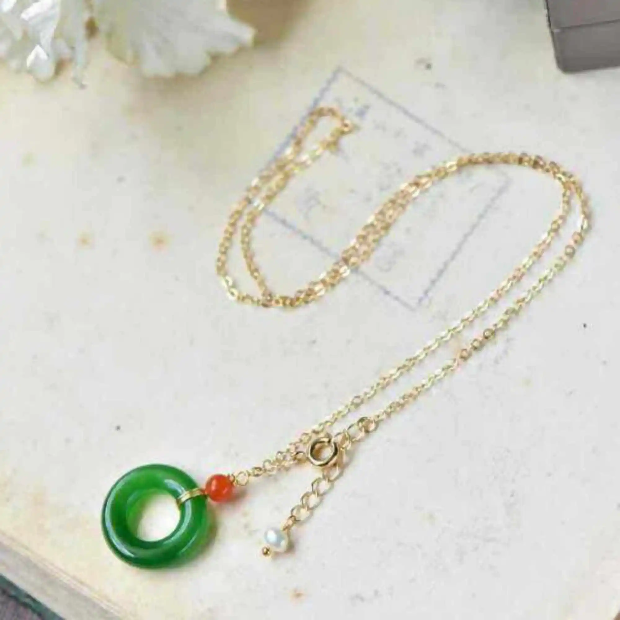 Fashion white Pearl green jade peace buckle 14k gold long Necklace Men's Necklace temperament pink Stone quadrilateral spirit