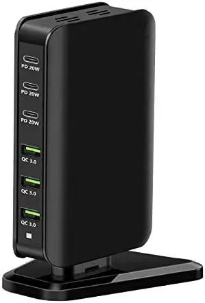 

96W 6 Port PD QC3.0 Fast Charger Station Desktop Phone Charger For iPhone 14 15 16 17 Samsung Android Tablet Earphone Office Use