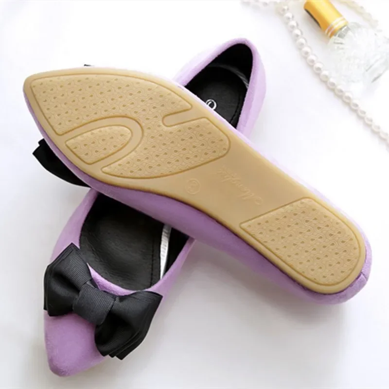 Lady Lovely Casual Slip On Flats Spring Loafers Flock Fashion Pointed Toe With Bow Purple Black Plus Size 48 42 Woman Bag Shoes