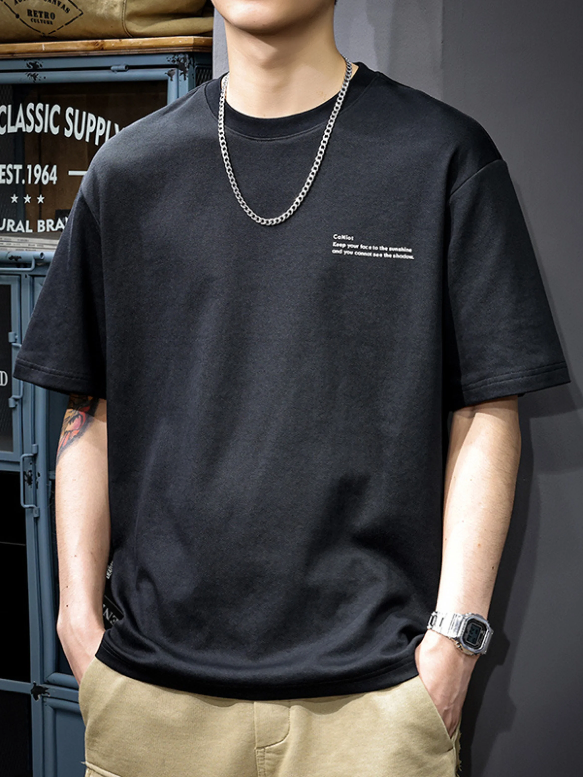 Men's 100% pure cotton summer loose size simple letter printed casual and comfortable round neck short sleeved T-shirt top image 3