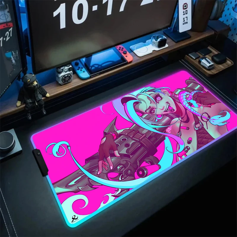 High Quality L-league of Legends Jinx Gaming LED Mouse Pad Laptop Gamer RGB Mousepad Cool Anime Antislip Mat Keyboard Desk Mats