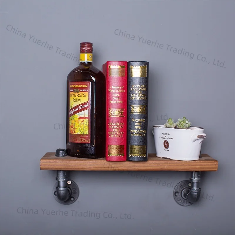 

American industrial style solid wood wrought iron shelf retro baffle creative bookshelf combination wall water pipe shelf