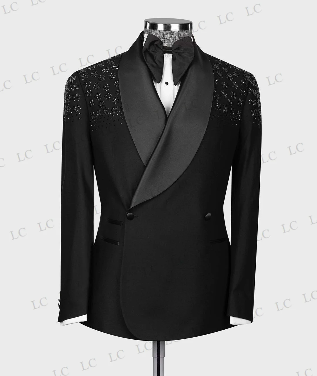 

Exquisite Suits For Men 2 Pieces Blazer PantsOne Button Beads Crysatls Peaked Lapel Formal Work Wedding Groom Plus Size Tailored