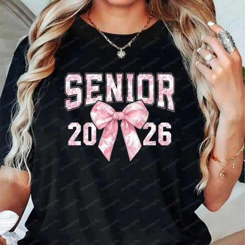 Graduation Celebration Casual Cotton Shirt Senior Pink Floral Bow 2026 O-neck Printed Tops Women Class of 2026 Tee Ropa Mujer