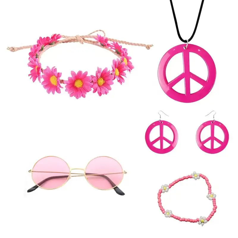 PESENAR Hippie Costume Accessories Set, Boho Peace Sign Daisy Flower 60s 70s Party Favors Decor for Groovy Party Women