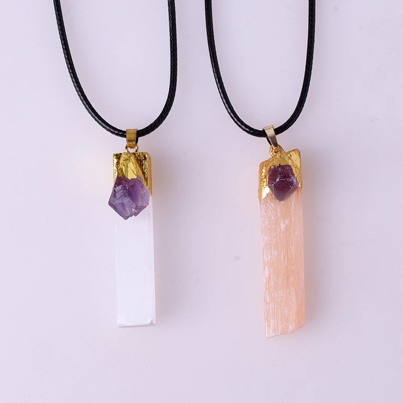 1pc Natural Selenite Plaster Pendant Amethyst Rock Mineral Reiki Healing Energy Stone Amethyst Charms DIY Necklace Making