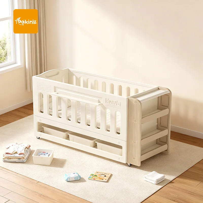 Convertible Baby Crib Adjustable Height Infant Bed Plastic Baby Cot With Storage Detachable Guardrail Infant Bed