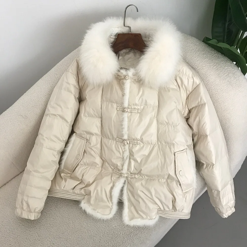 2024Real Fox Fur Collar Winter Women White Duck Down Jacket Ladies Short Warm Puffer Coat Female Loose Vintage Parka Outerwear