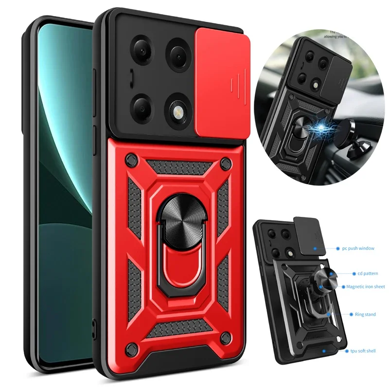 

Бронированный чехол для телефона Redmi 14C 15C Note 13 Pro Plus 4G 5G, задняя крышка, магнитный автомобильный держатель, кольцо, мягкие защитные чехлы для объектива