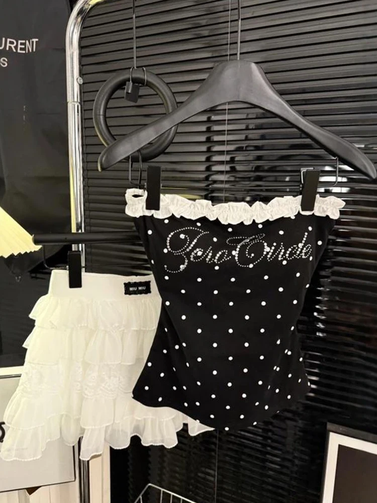 

Summer New Pure Desire Sexy Girl Polka Dot Ruffle Trim Tube Top Women's Slim Fit ort Length Cotton Blend Tank Top