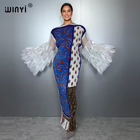 WINYI Elastic slim pleated dress beach cover up boho kaftan abaya dubai luxury party dress long down casual woman evening dress