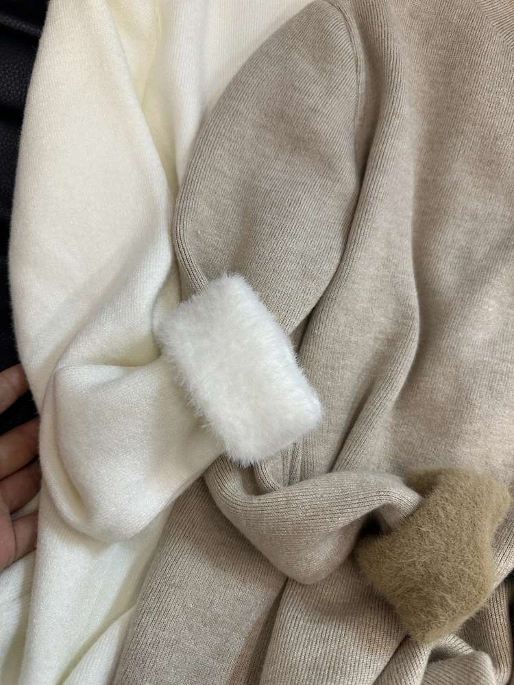 

Soft Fufu Knitted Long Sve Fce Lined Stand Collar Women's Sweater Spring Autumn Winter Warm Inner Wear Casual Sle
