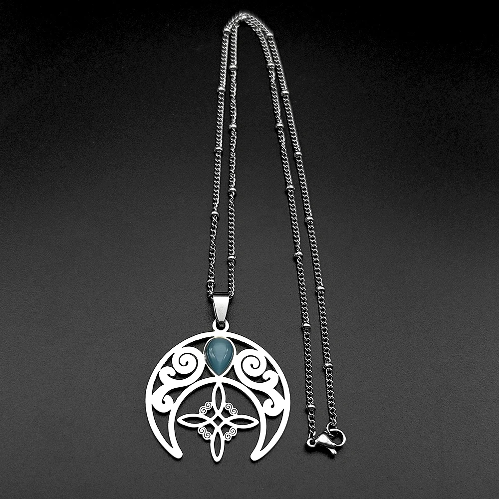 Edelstahl Hohl Crescent Moon Hexe Knoten Keltische Anhänger Halskette für Frauen Männer Gold Farbe Amulett Kette Halsketten Schmuck – Detail 5