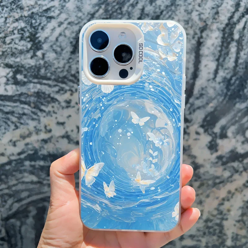 Blaue Schmetterling-Ozeanwellen-Handyhülle für iPhone 14 13 12 11 Pro Max 17 16 15 Pro Max 13 Mini 16 14 Plus Stoßfeste Laser-Cover – Detail 5