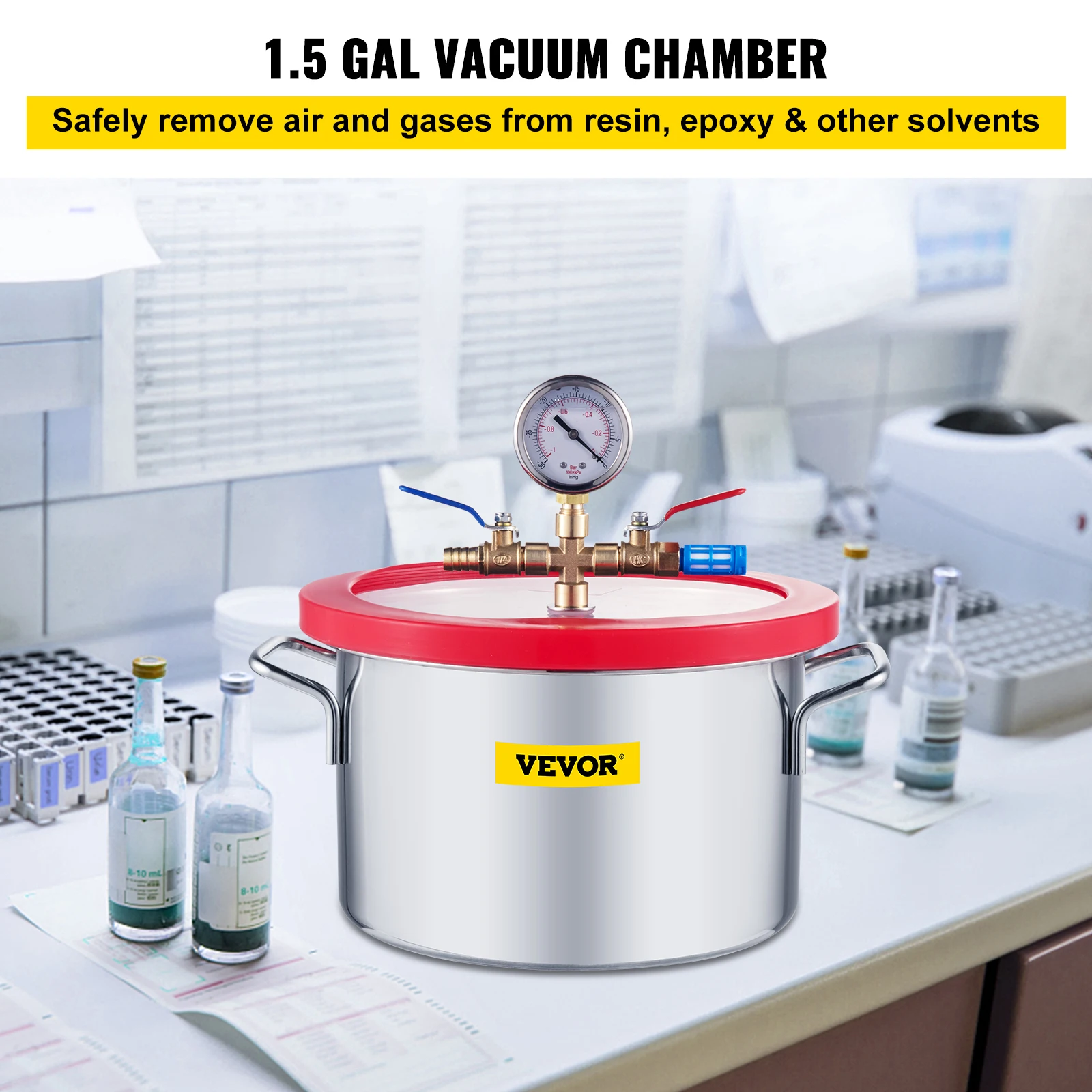 VEVOR Vacuum Chamber 1.5Gallon Vacuum Degassing Chamber Glass Lid Stainless Steel Degassing Chamber Silicones for Gas Extraction