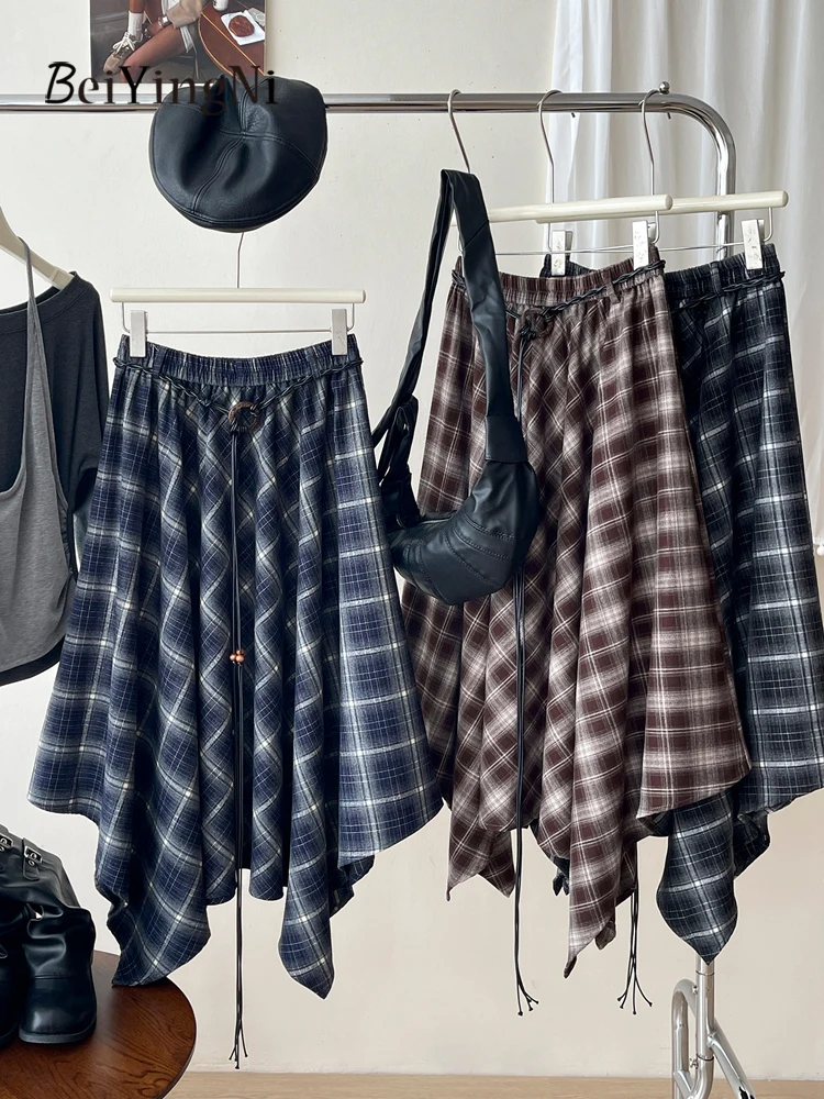 

Beiyingni Kpop Irregular y2k Midi Skirt Women Vintage Plaid Sashes Casual Harajuku Pleated Skirts Female Street 2025 Chic Faldas