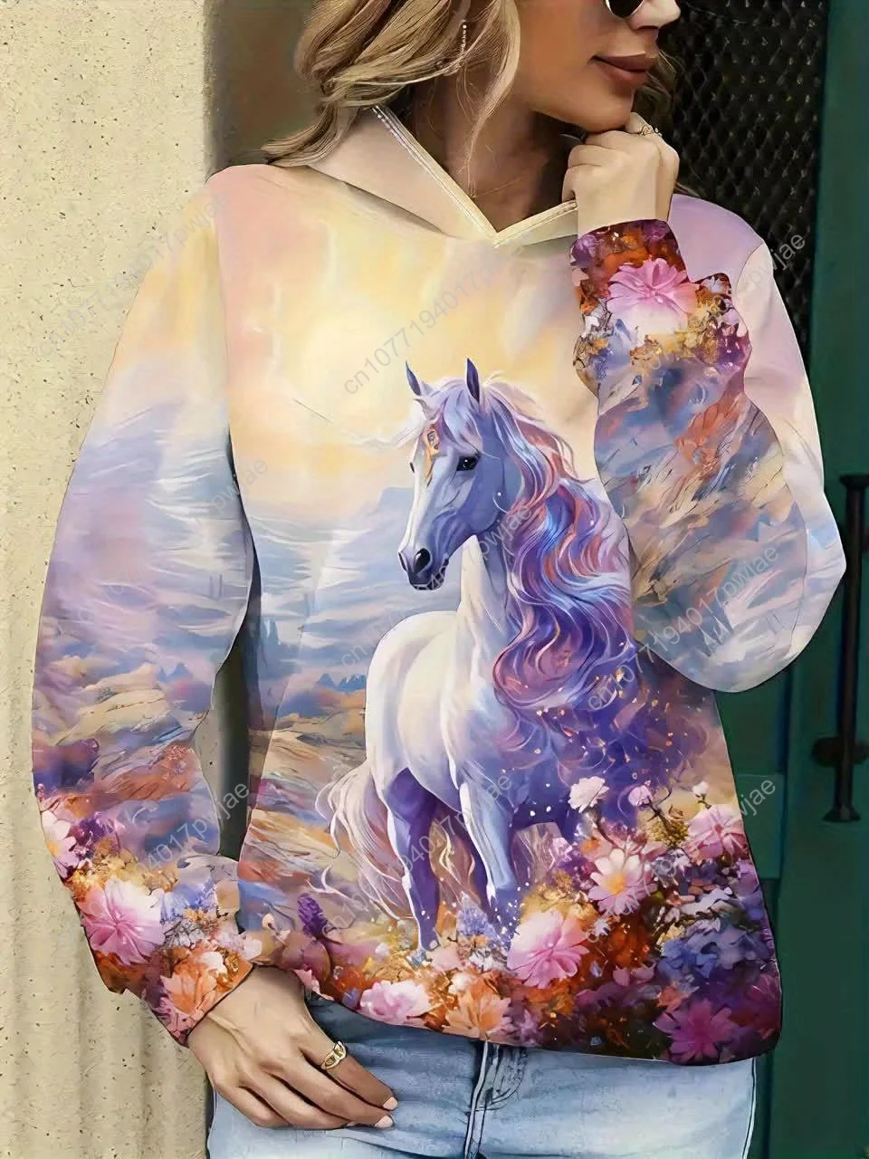 Damessweatshirt met capuchon en eenhoorn- en bloemenprint - trui met lange mouwen en pastelgradiënt, gezellige medium stretchstof, machinaal was